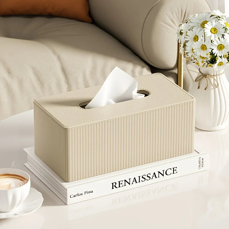 1pc Luxury Leather Tissue Box Holder, Striped Design 3 Colors, Square Tissue Box Cover for Home Office Bathroom Oasis Select milk tea color
