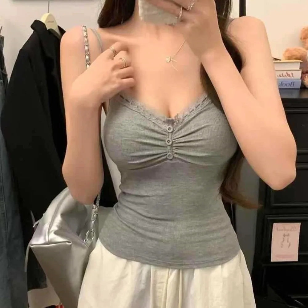 Casual Slim Fit Lace Trim Vest Short with Chest Pad V Neck Top Button Front Sleeveless Top Women Oasis Select Grey One Size