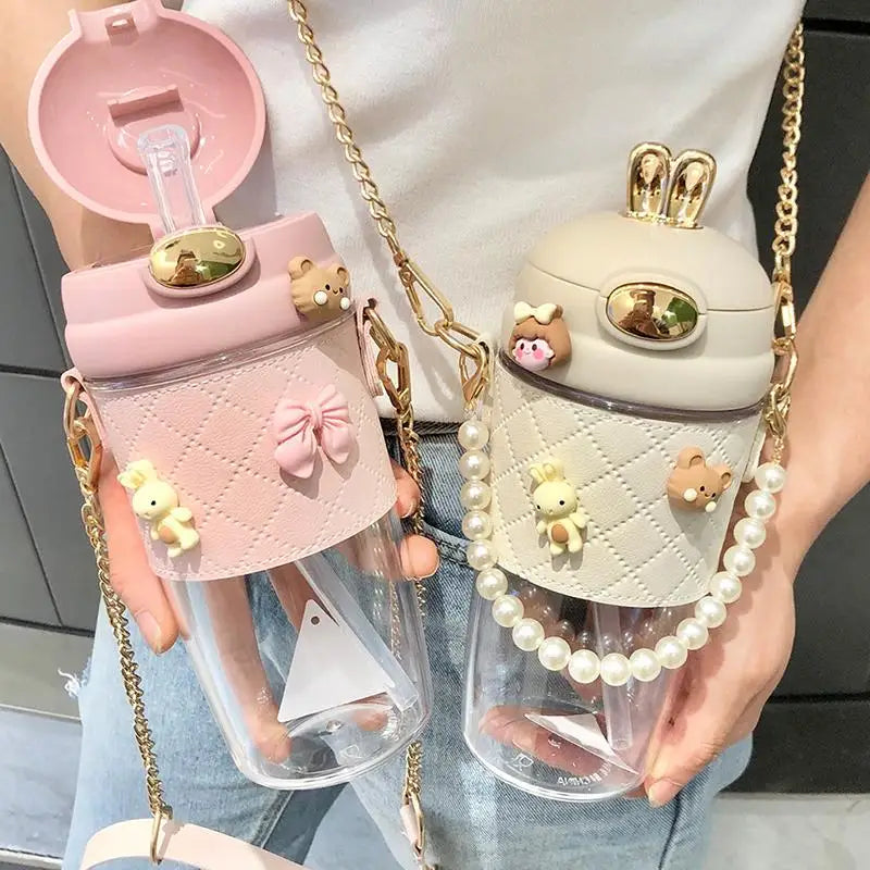 1 PCS Cute Bunny Ear Clear Large Capacity Water Bottle Pearl Strap Cartoon Decors For Girls Daily Use Oasis Select