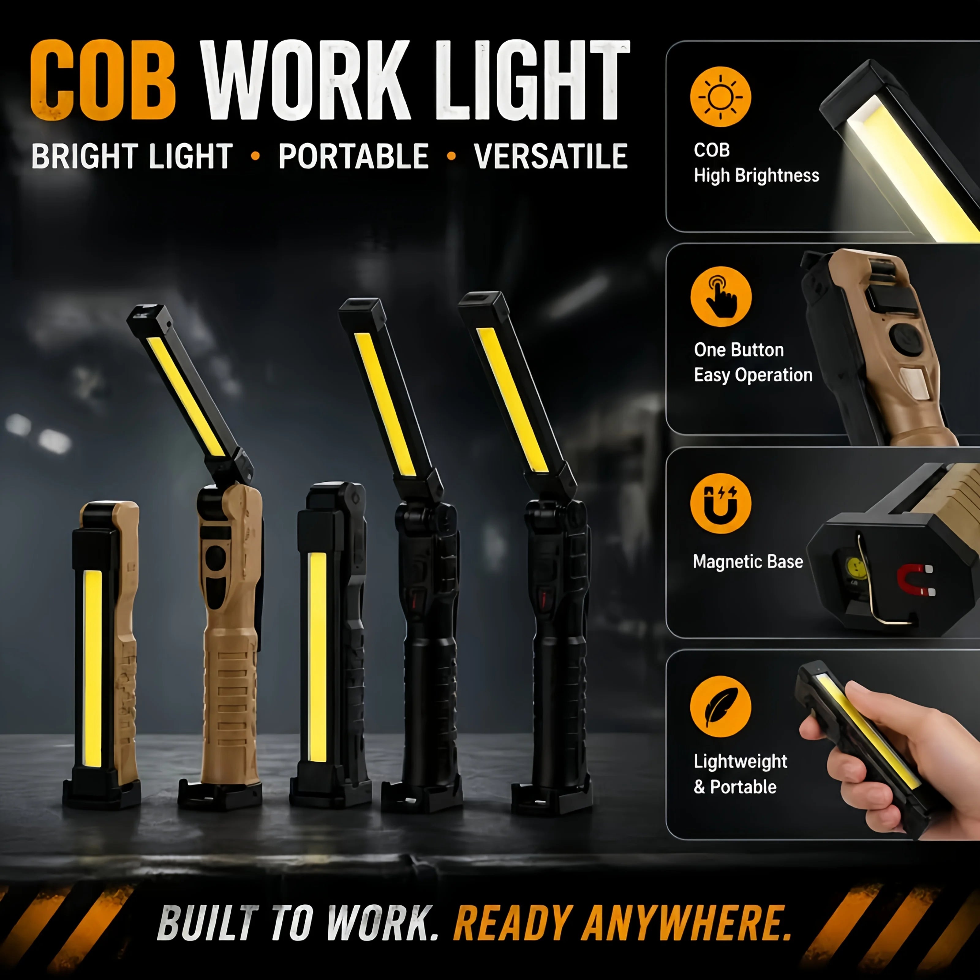 Folding COB XPE LED Work Light – USB Rechargeable & SOS Torch