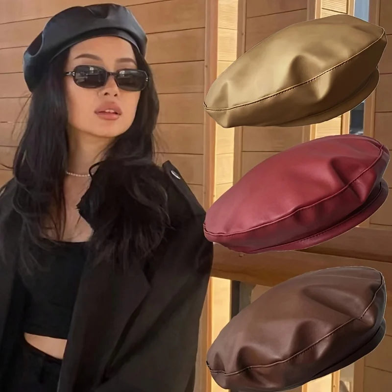 Women Girl Beret Hat French Retro Artist Beanie Hat Elegant Solid Color PU Leather Lady Painter Cap Spring Autumn Lady Berets Oasis Select