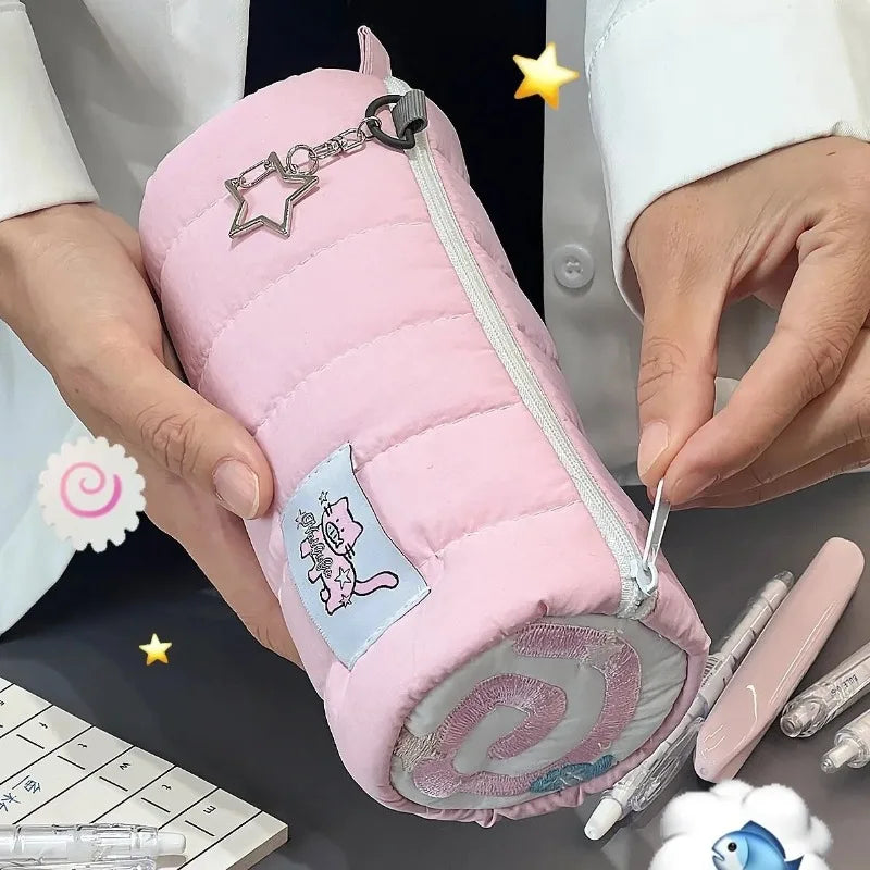 Student Stationery School Supplies Pink Towel Roll Pencil Case Kawaii Soft Pen Storage Bag Cosmetic Pouch Cartoon Large Capacity Oasis Select