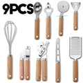 9pcs Cooking Utensils Set Wooden Handle Can Opener Baking Pizza Peeler Egg Beater Cheese Knife Ice Cream Spoon Kitchen Gadget Oasis Select 9Pcs