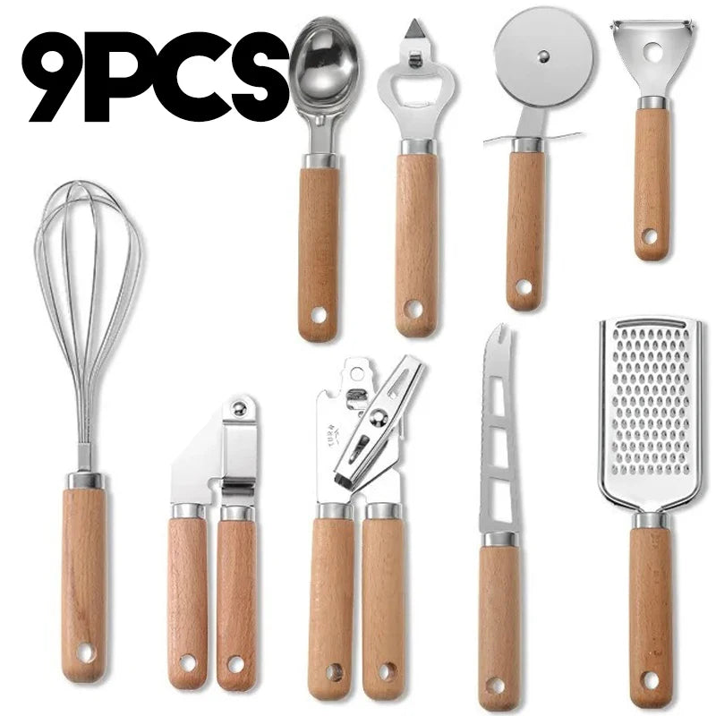 9pcs Cooking Utensils Set Wooden Handle Can Opener Baking Pizza Peeler Egg Beater Cheese Knife Ice Cream Spoon Kitchen Gadget Oasis Select 9Pcs
