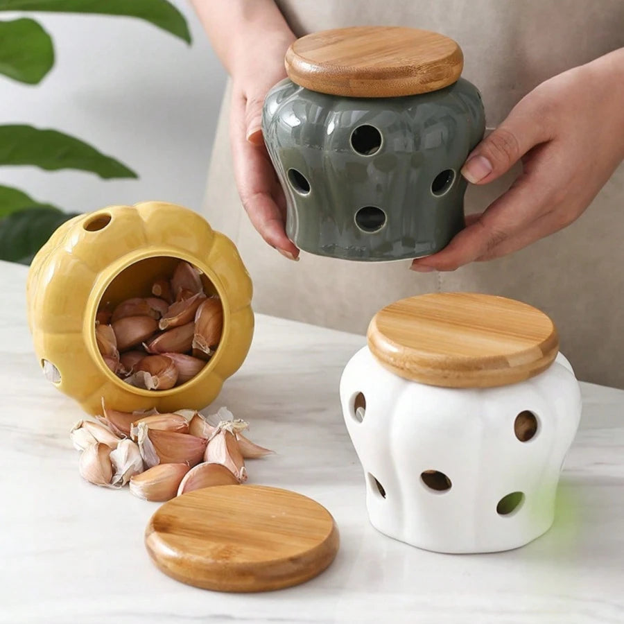Ceramic Garlic Storage Jar Hollow Out Breathable Ginger Garlic Storage Jar Garlic Ginger Porcelain Container Kitchen Organizers Oasis Select