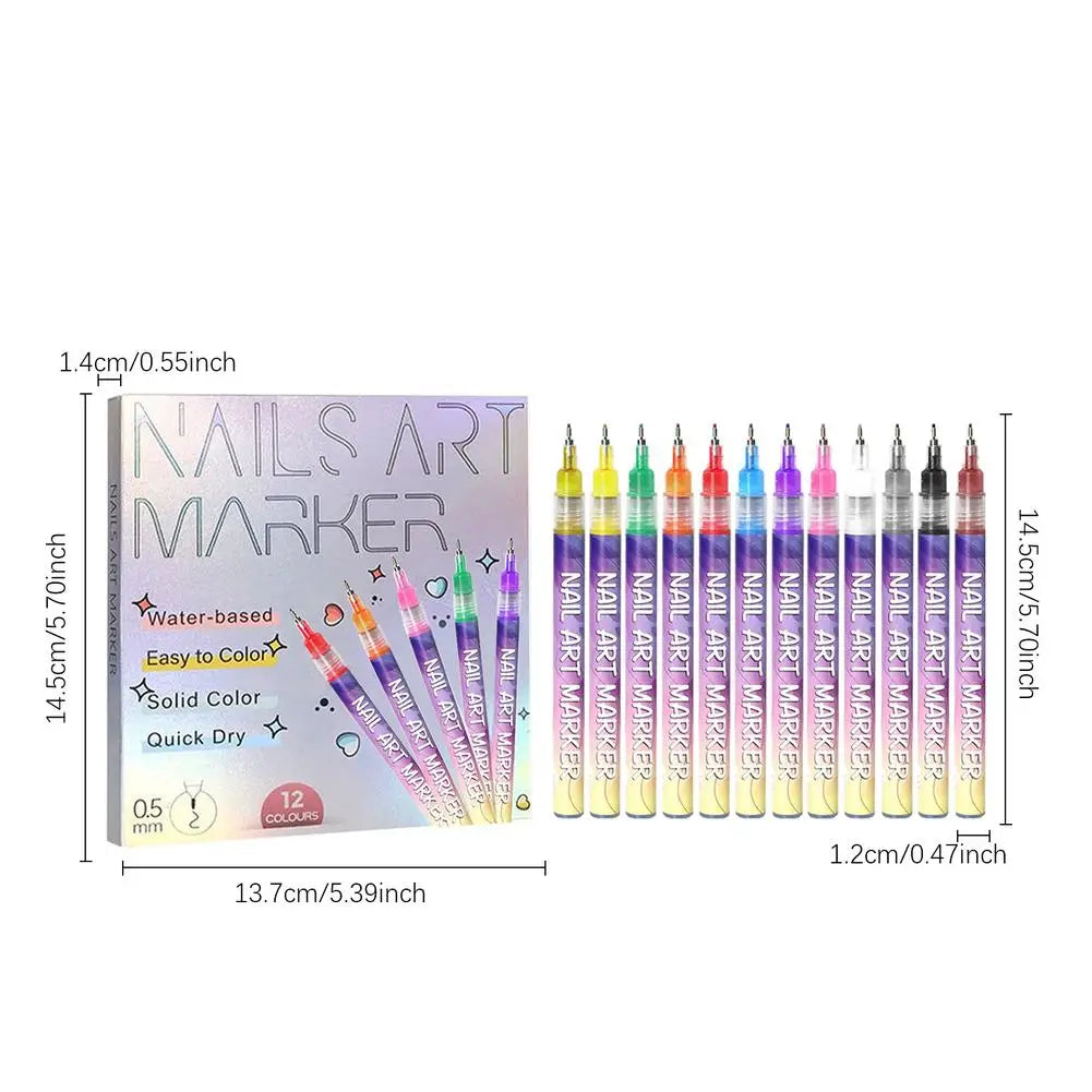 12-Piece Nail Art Graffiti Pens – Waterproof Quick-Dry Markers