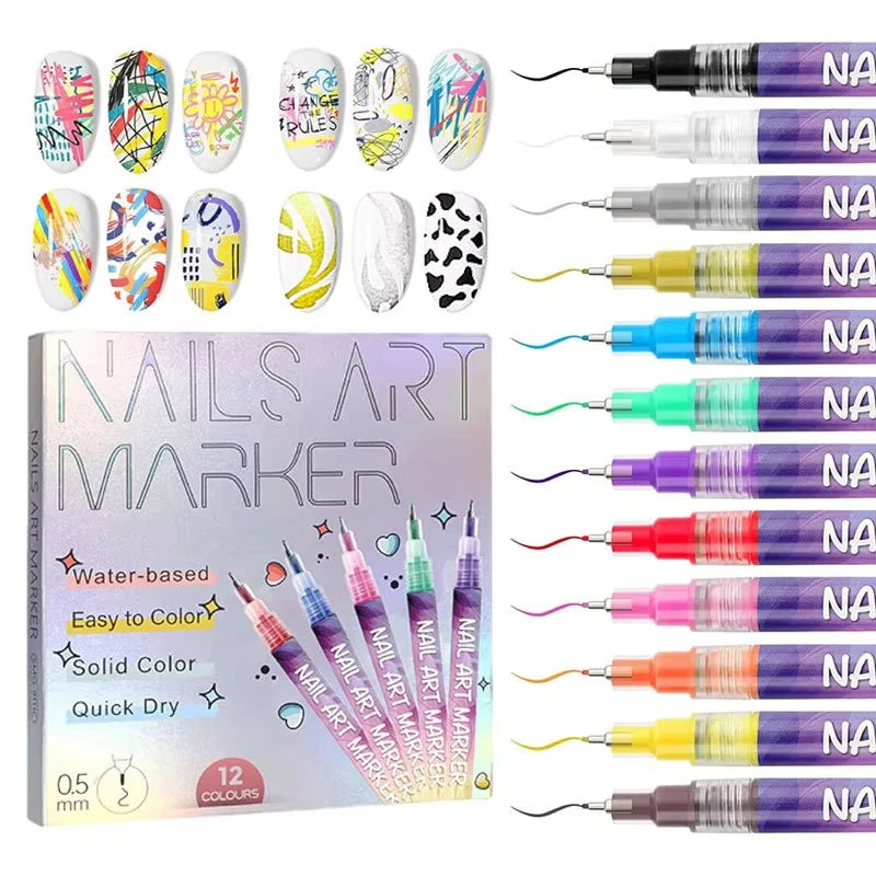 12-Piece Nail Art Graffiti Pens – Waterproof Quick-Dry Markers