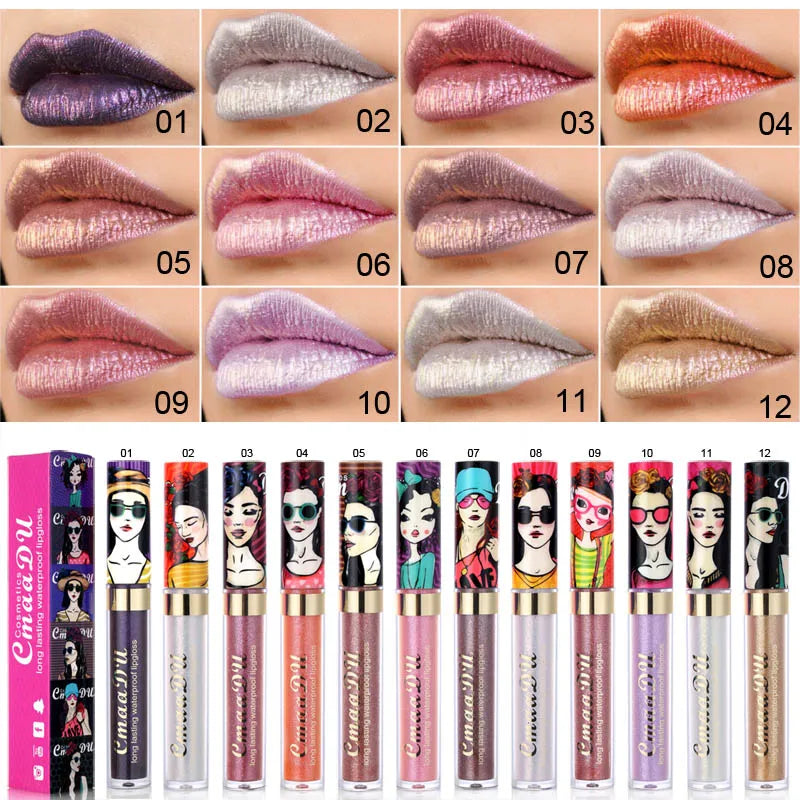 Metallic Pearlescent Shimmer Lip Gloss Lipstick Glitter Lip Glaze Long-Lasting Waterproof Not Transferable High Pigment Y2K Gift Oasis Select