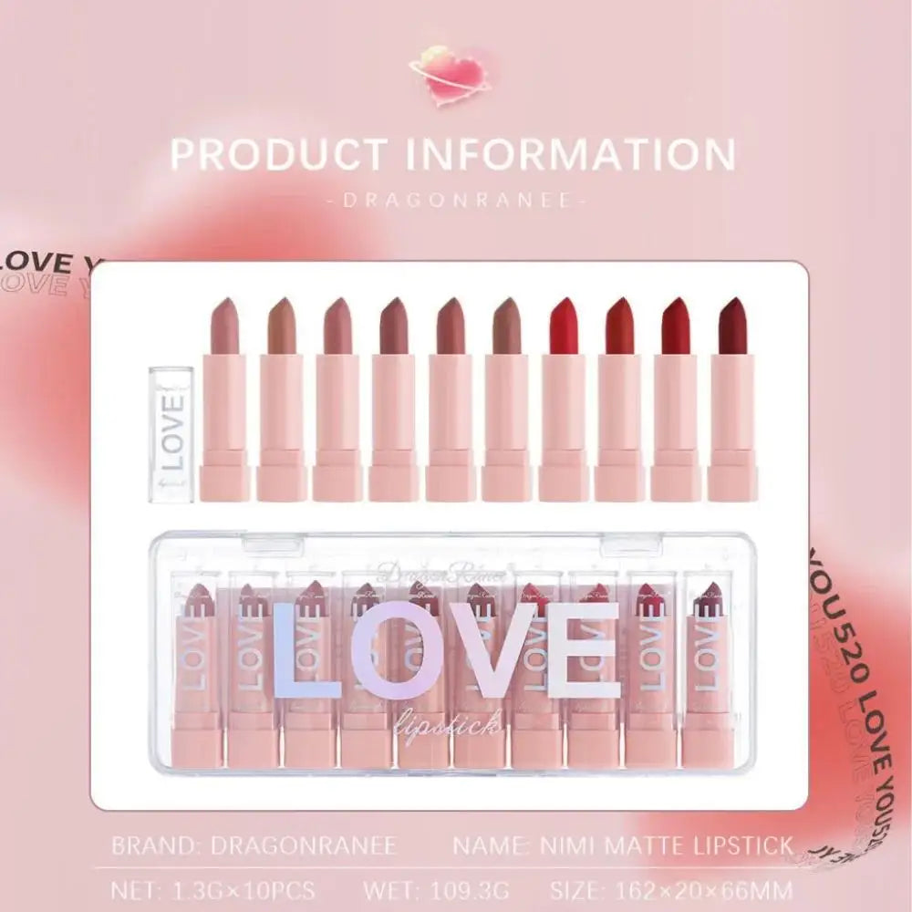 Dragon Ranee Mini Matte Lipstick Set – 10 Colors Velvet Finish