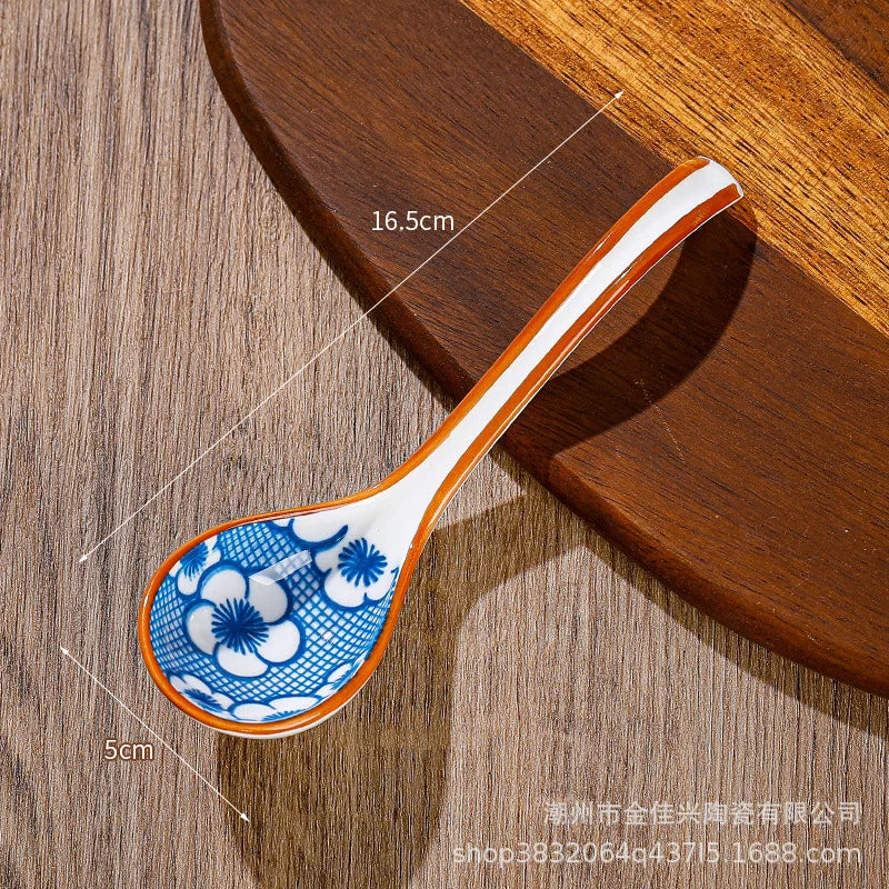 Japanese Underglaze Ceramic Soup Spoon, Everyday Ceramic Soup Spoon Ramen Long-handled Curved Spoon Tableware Oasis Select Cherry Blossom