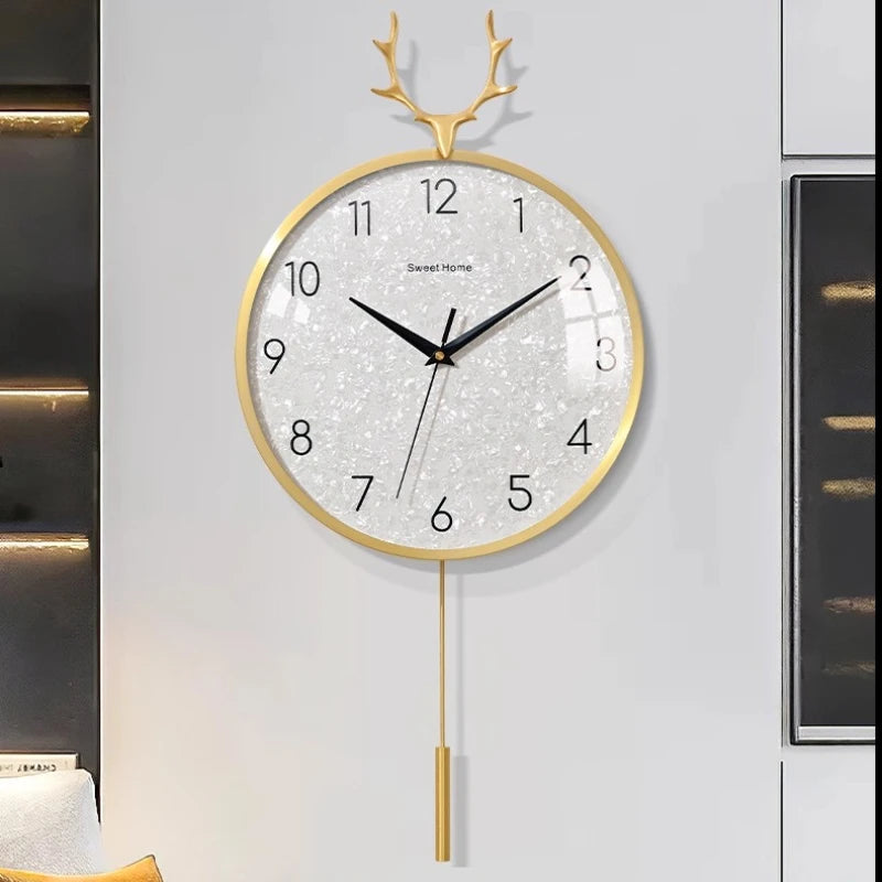 Golden Deer Horn Hanging Clock Pendant Light Luxury Dial Silent Living Room Modern and Simple Home Wall Decoration Oasis Select