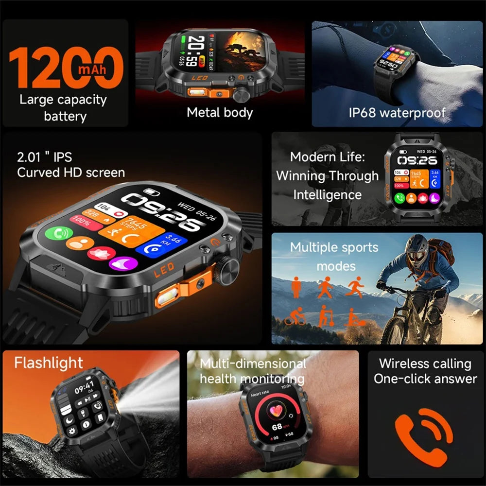 1200mAh Smartwatch Compass Health Smart Watch Men IP68 Waterproof Outdoor Sports Curved HD Screen BT Call LED Flashlight Clock Oasis Select