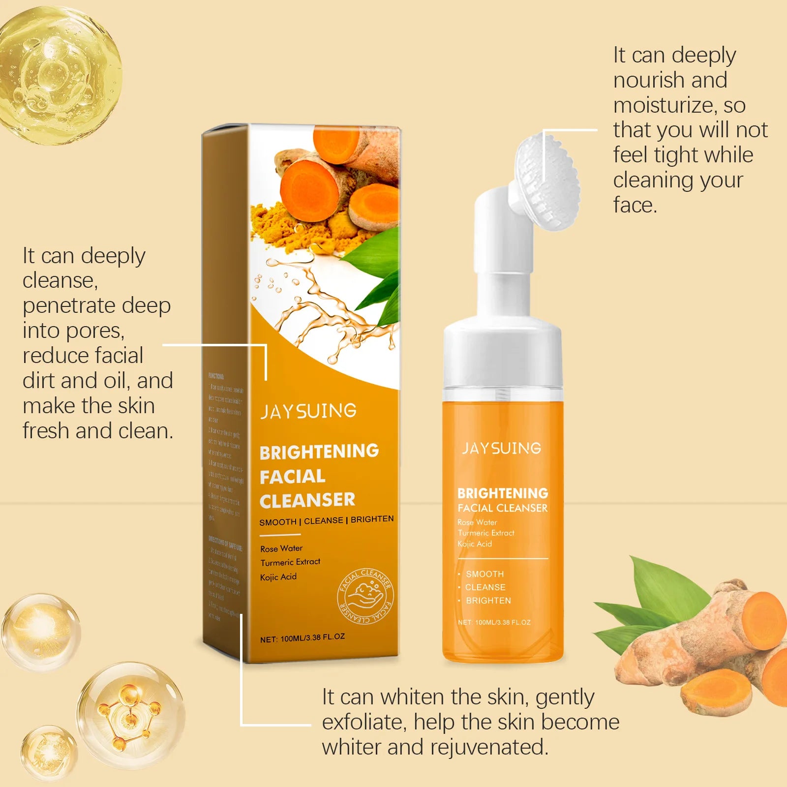 JAYSUING Turmeric Facial Cleanser Removing Blackheads Exfoliate Shrink Pores Improve Roughness Oil Control Foam Facial Cleanser Oasis Select
