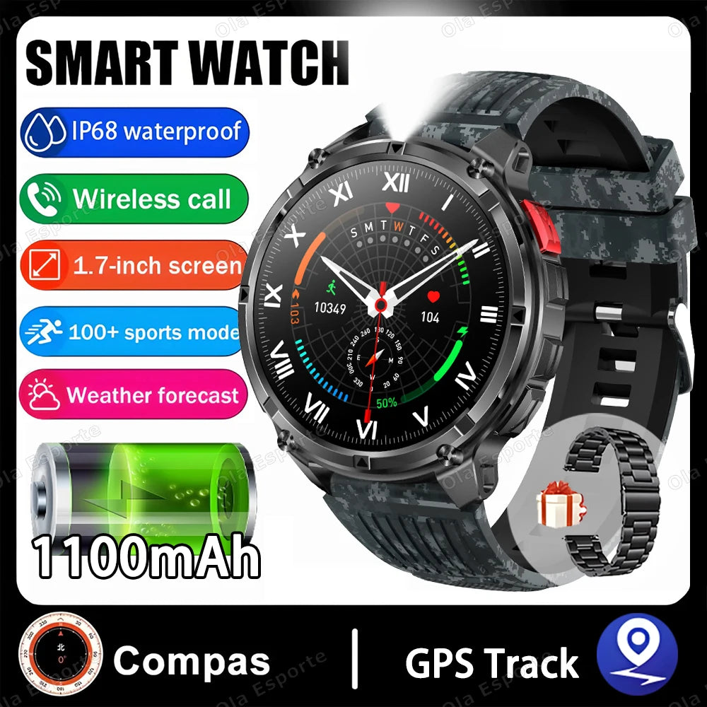 Rugged Military Smartwatch 1100mAh | Compass, Fitness & BT Calls