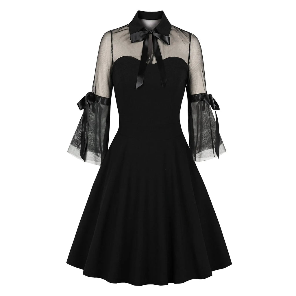 Retro Floral Embroidered Mesh Long Sleeve Mini Dress | Women Vintage Mini Dress Oasis Select Black L