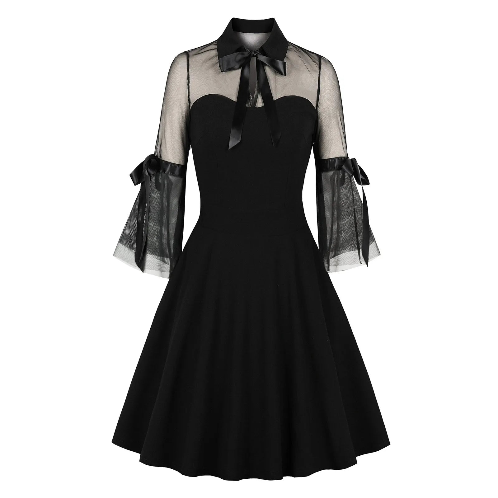 Retro Floral Embroidered Mesh Long Sleeve Mini Dress | Women Vintage Mini Dress Oasis Select Black L