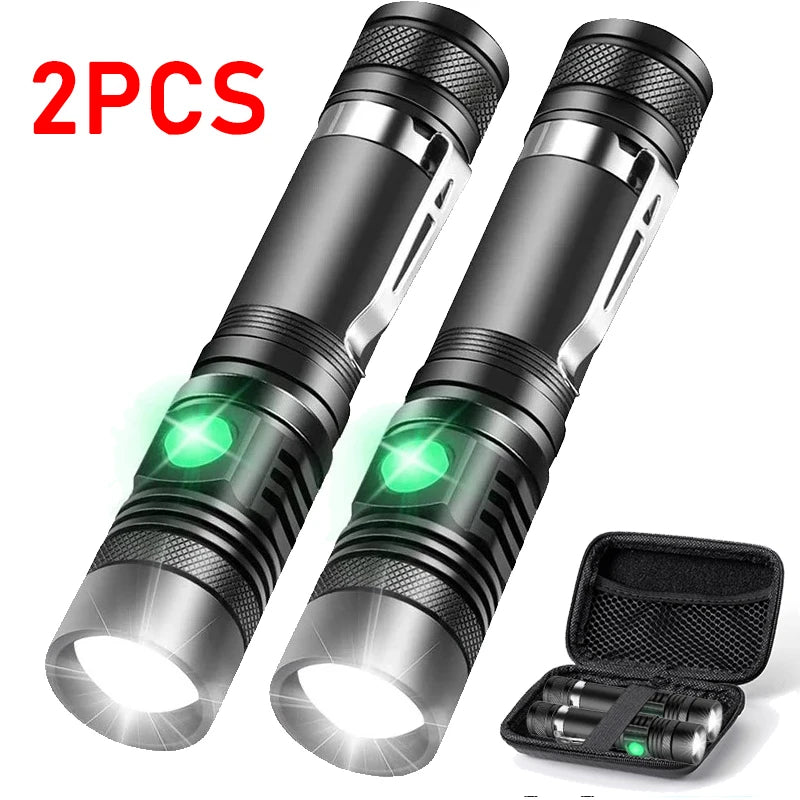 Super Bright T6 Flashlight USB Rechargeable Tactical Zoom Torch Portable Pen Clip Work Lamp Outdoor Camping Fishing Flashlight Oasis Select 2PCS