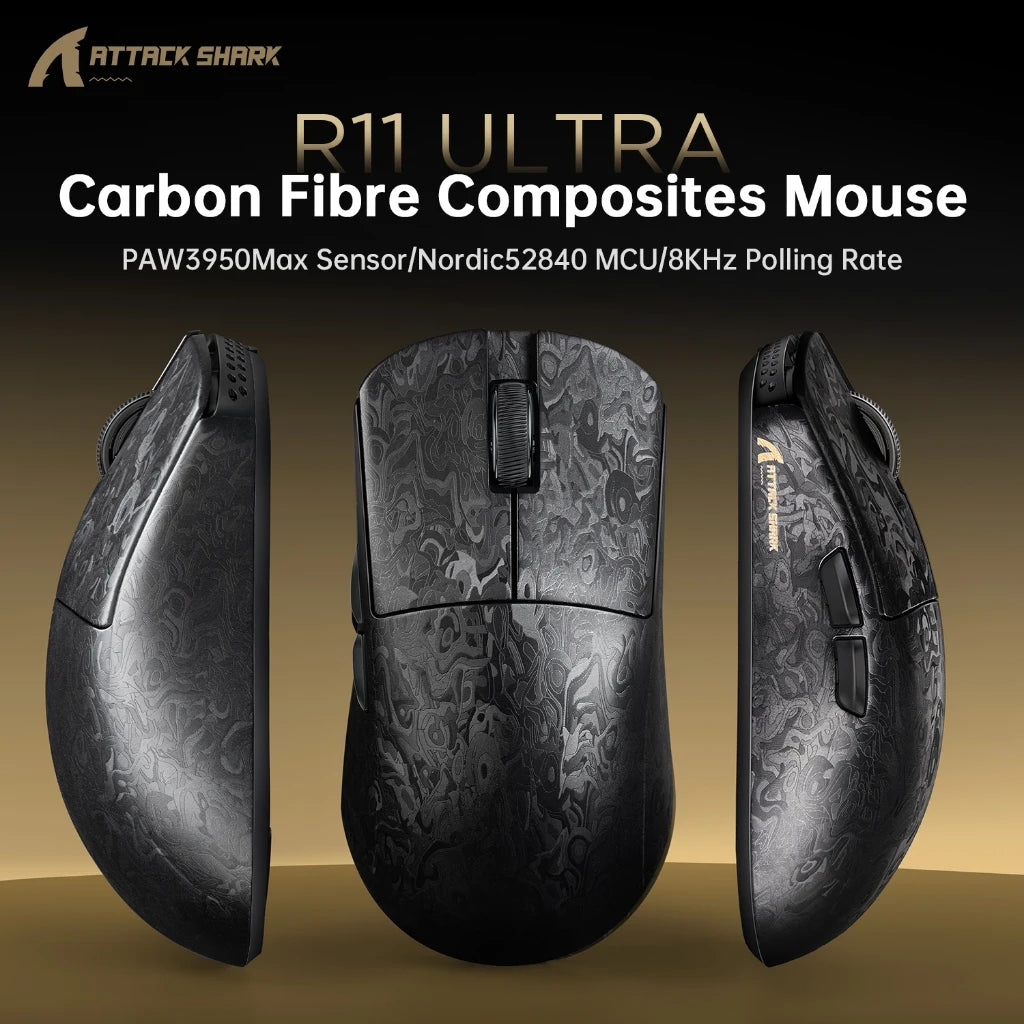 Attack Shark R11 Ultra 8K Carbon Fiber Gaming Mouse, PAW3950MAX, 49g Ultra-Lightweight, Wireless 8000Hz Polling,Tri-Mode Oasis Select
