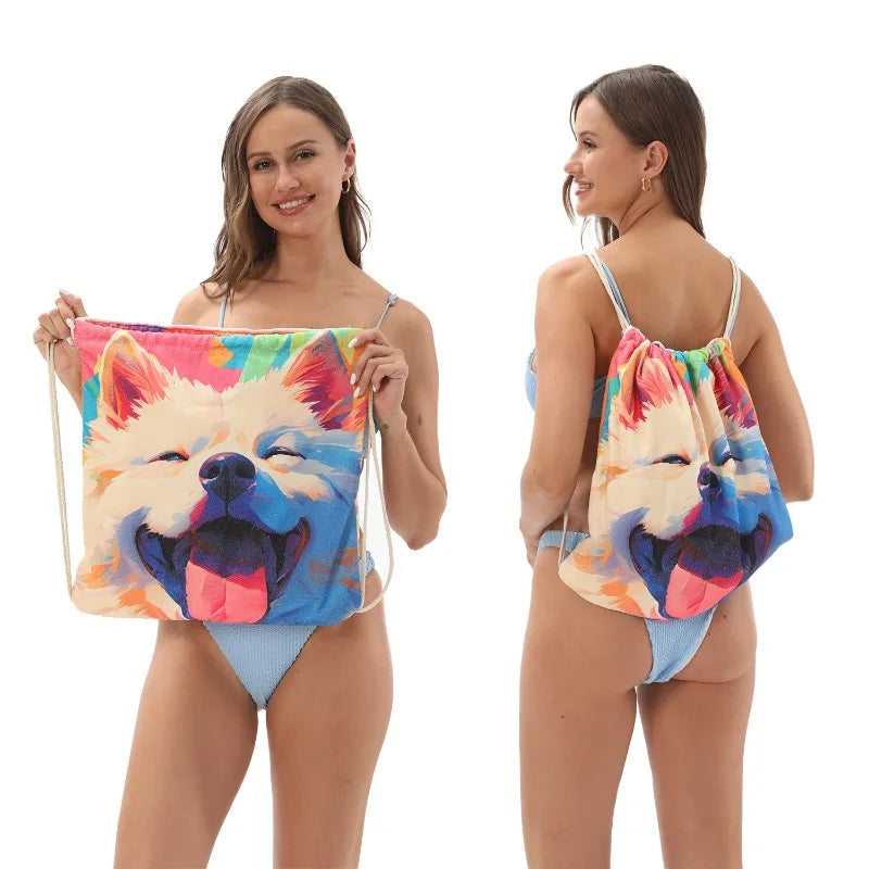 2-in-1 Multifunctional Foldable Beach Towel Printed Bath Towel Integrated Beach Towel Bag for Storage Oasis Select