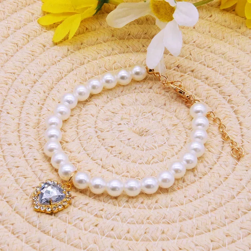 Cute Fashion Pet Supplies Cat Accessories Necklace Pearl Crystal Pet Collar Pearl Beaded Solid Crystal Pendant Pet Products Oasis Select WHITE 25-35cm
