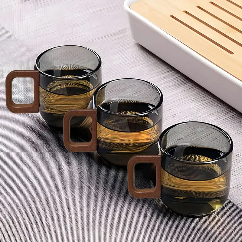 6Pcs Transparent Glass Cups with Wooden Handle, High Temperature Resistant Coffee Tea Sake Cups, Colored Cups Kitchen Drinkware Oasis Select