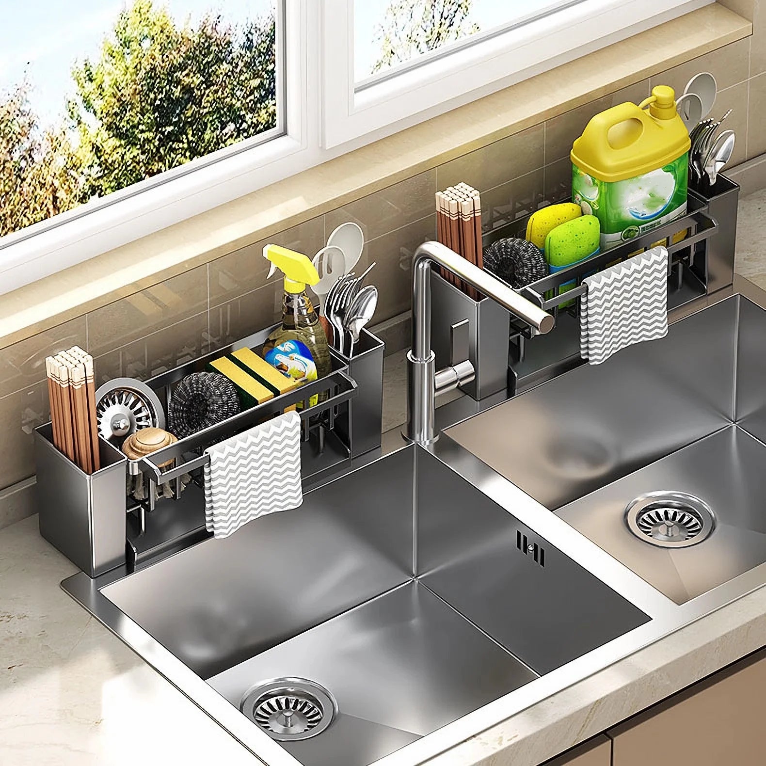 Kitchen Sink Organiser,Kitchen Sink Sponge Holder With Brush Holder,Rag Drain Rack, Bathroom Organizer, Sink Faucet Sink Ra Oasis Select