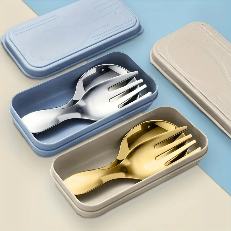3pcs Portable Cutlery Set, Stainless Steel Short Handle Round Head Spoon, Mini Spoon and Fork Set Boxed Oasis Select