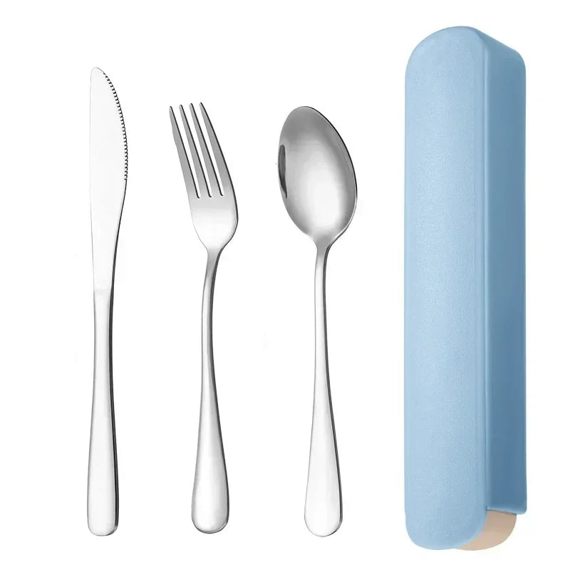 3/4pcs Portable Stainless Steel Cutlery Suit with Storage Box Chopstick Fork Spoon Knife Travel Tableware Set Camping Cutlery Oasis Select Blue A
