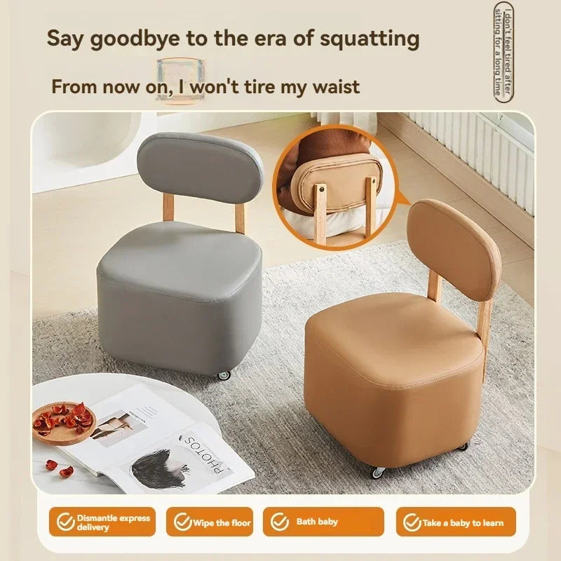 Small stool, household low stool, universal wheel, solid wood small chair, pulley, movable sliding chair, wooden backrest, squar Oasis Select