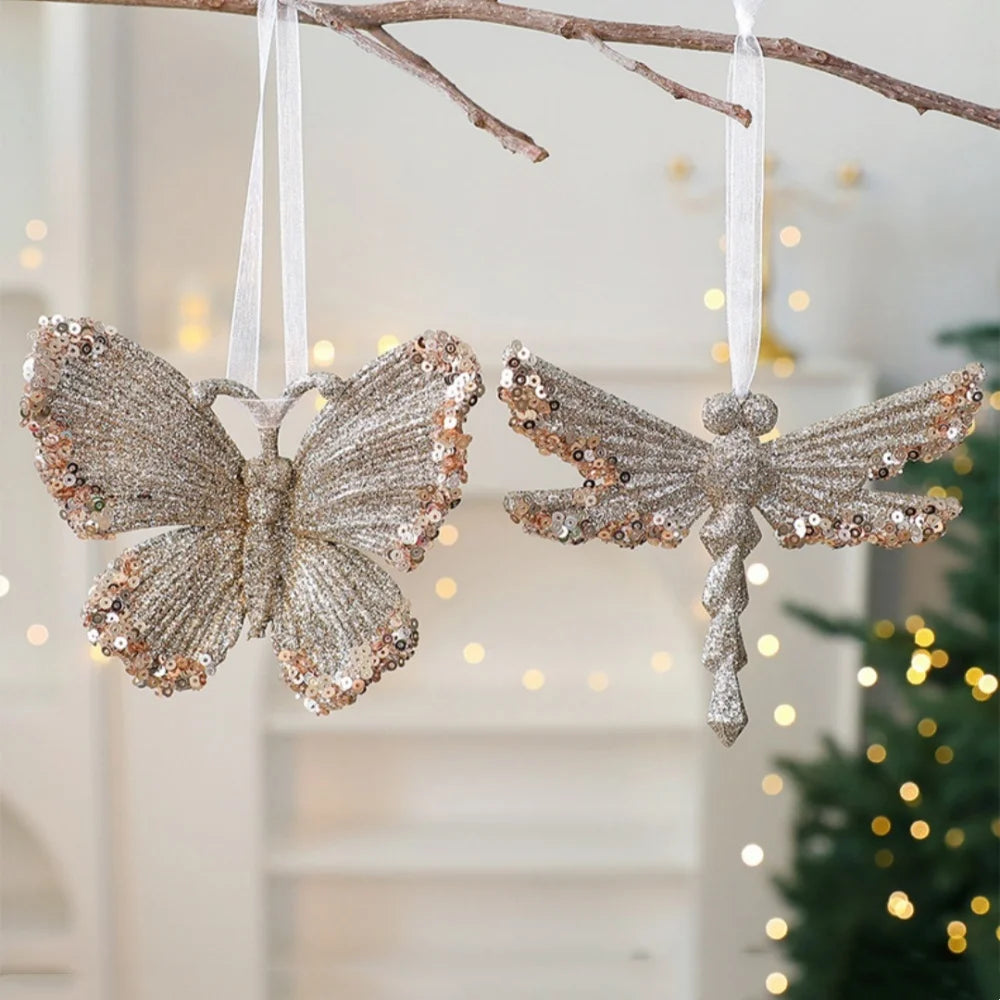 Christmas Sequins Ornament Elegant Snowflake Hanging Decor Dragonflies Tree Decoration Lightweight Champagne Gold Ornament Oasis Select