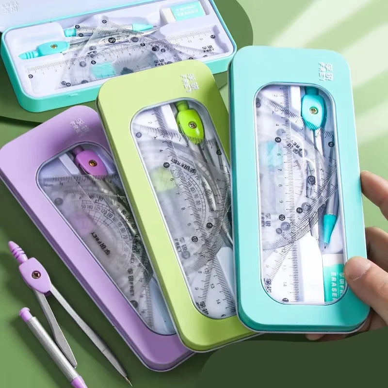 7pcs Student Geometry Tool Set Pastel Color Compass Protractor Ruler Kit with Case for School Drawing & Math Homework Oasis Select