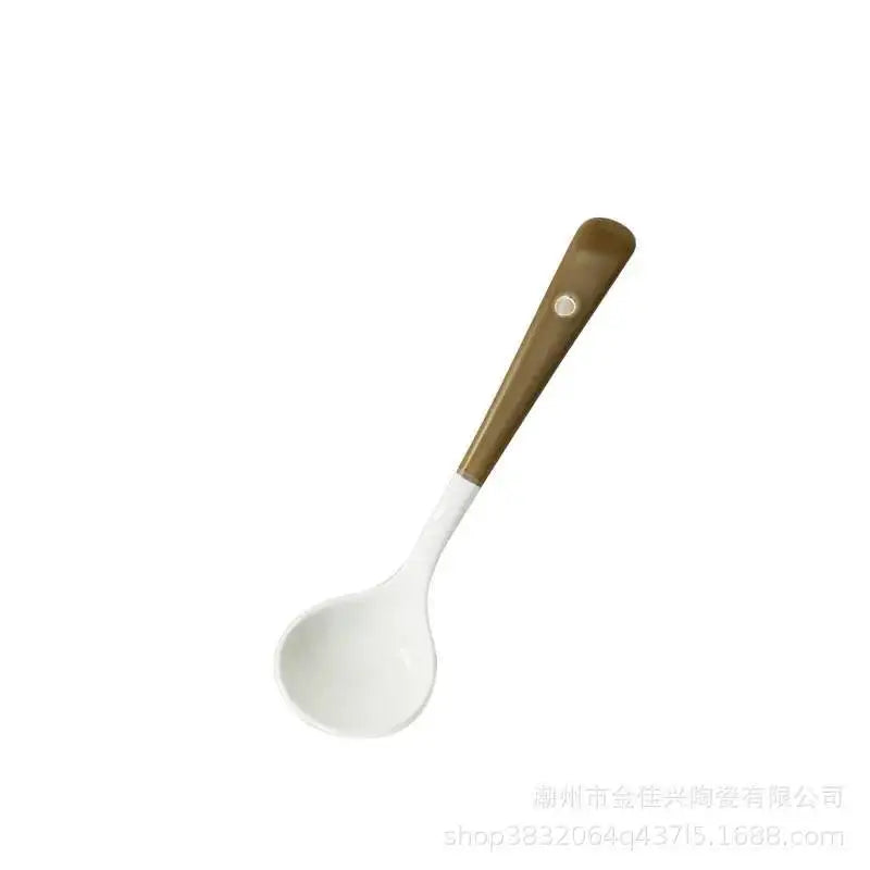 Ceramic Western Creative Spoon Dessert Coffee Stirring Spoon Children's Eating Small Round Spoon Household Kitchen Tablewear Oasis Select Two-color - Brown