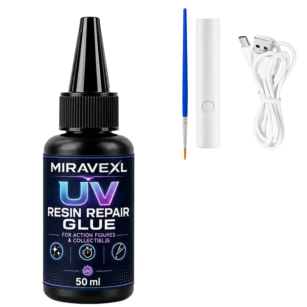 MIRAVEXL UV Resin Repair Glue 25ml/50ml for Action Figures Collectibles, Fast Curing ClearAdhesive with UV Light Brush Kit Pack Oasis Select 50ml
