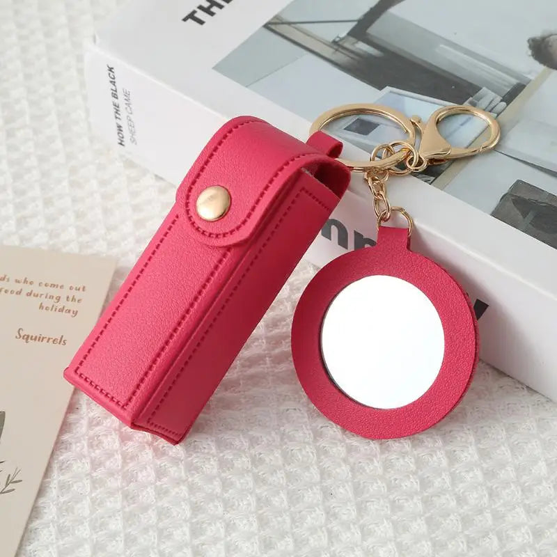 PU Leather Lipstick Holder Keychain with Flower Mirror