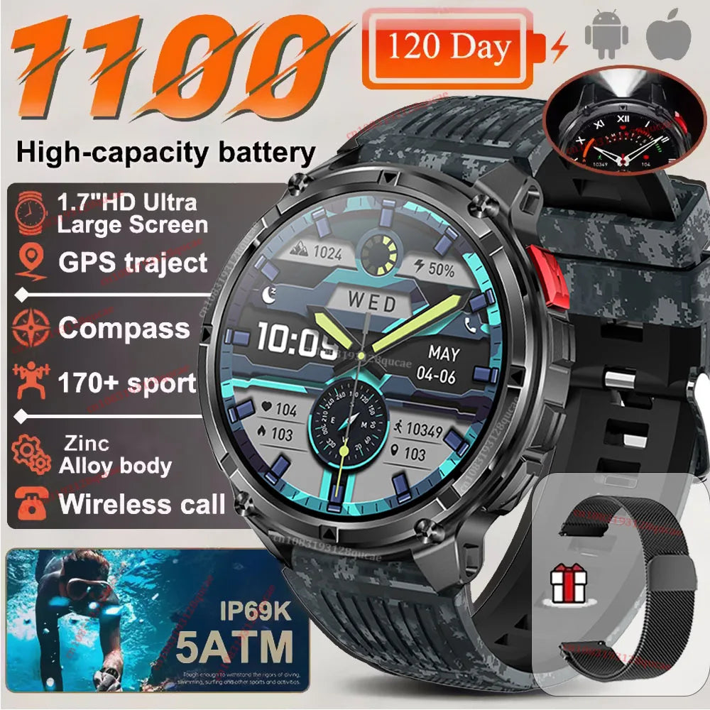 Ola Esporte Military Smartwatch 1.7" AMOLED GPS LED Flashlight