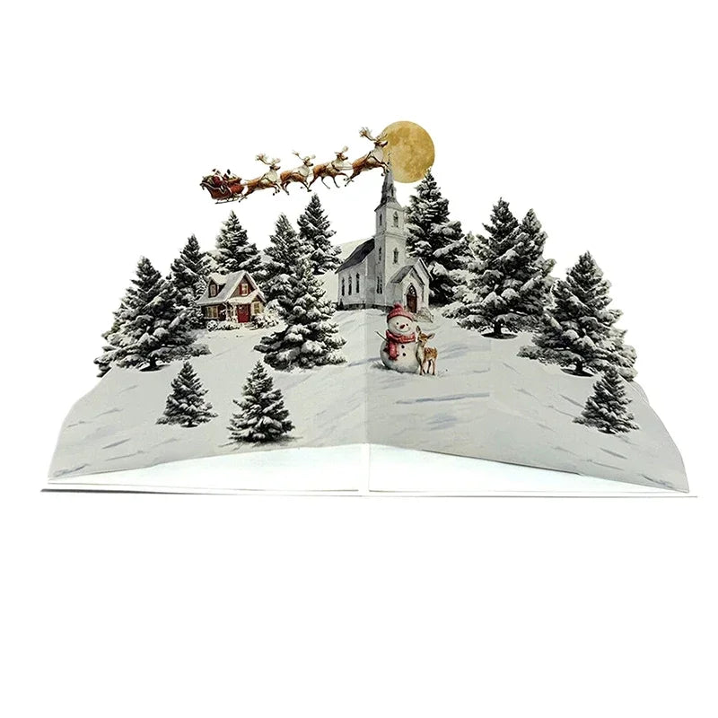 3D Christmas Card Night Before Christmas Scene With Santa, Reindeer, Snowy Village & Moonlit Sky Festive Holiday Greeting Card F Oasis Select
