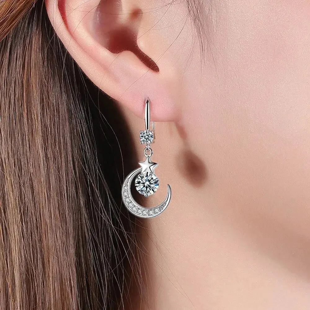 Star & Moon Dangle Earrings | Crystal Drop Pink Blue White Fashion Drop Earrings Oasis Select