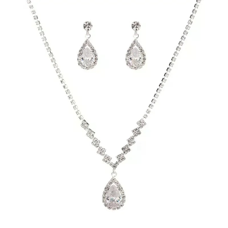 Vintage Crystal Waterdrop Pendant Necklace Earrings Silver Wedding Jewelry Set Oasis Select