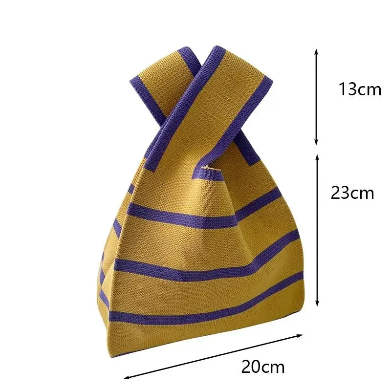 Women Handmade Knitted Small Handbag Casual Wrist Bag Wide Stripe Stripe Shopper Mini Tote Student Reusable Shoulder Bag Oasis Select