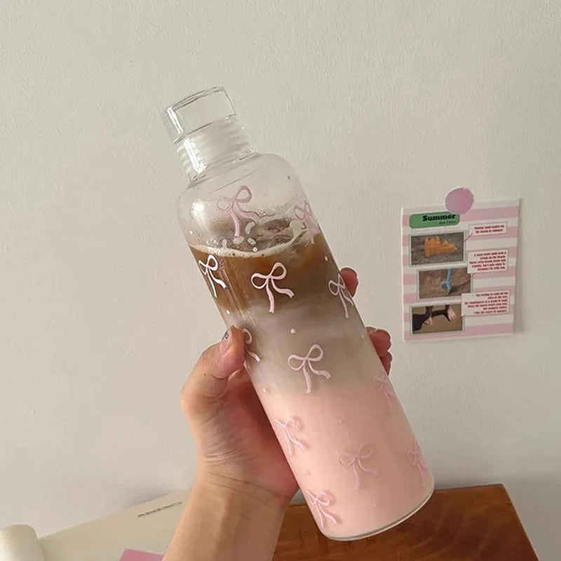 1pcs 500ML Kawaii Bow Plastic Water Bottle With Time Scale Transparent Water Cup Outdoor Sports School Drinking Water Bottle Oasis Select