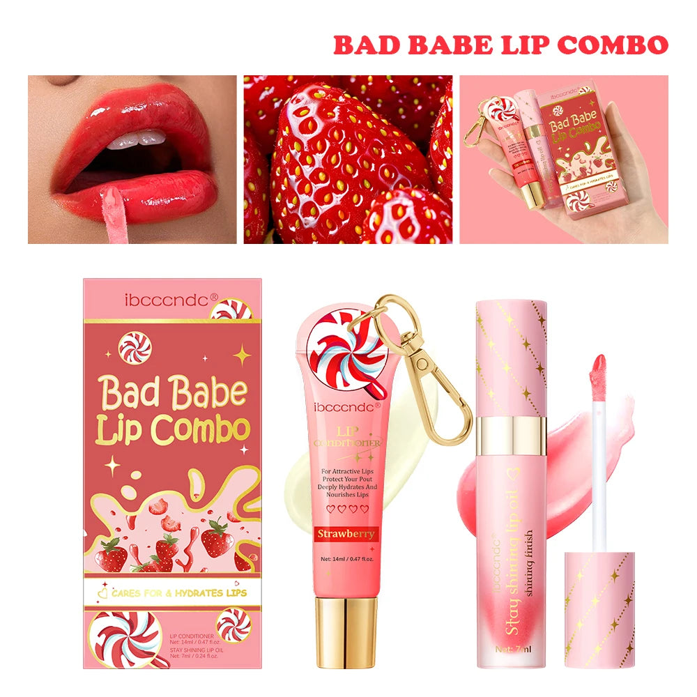 Lip Oil and Lip Stain Set Strawberry Flavor Watery Glossy Clear Lip Gel Hydrating Moisturizing Lip Gloss Women Lips Cosmetic Mak Oasis Select