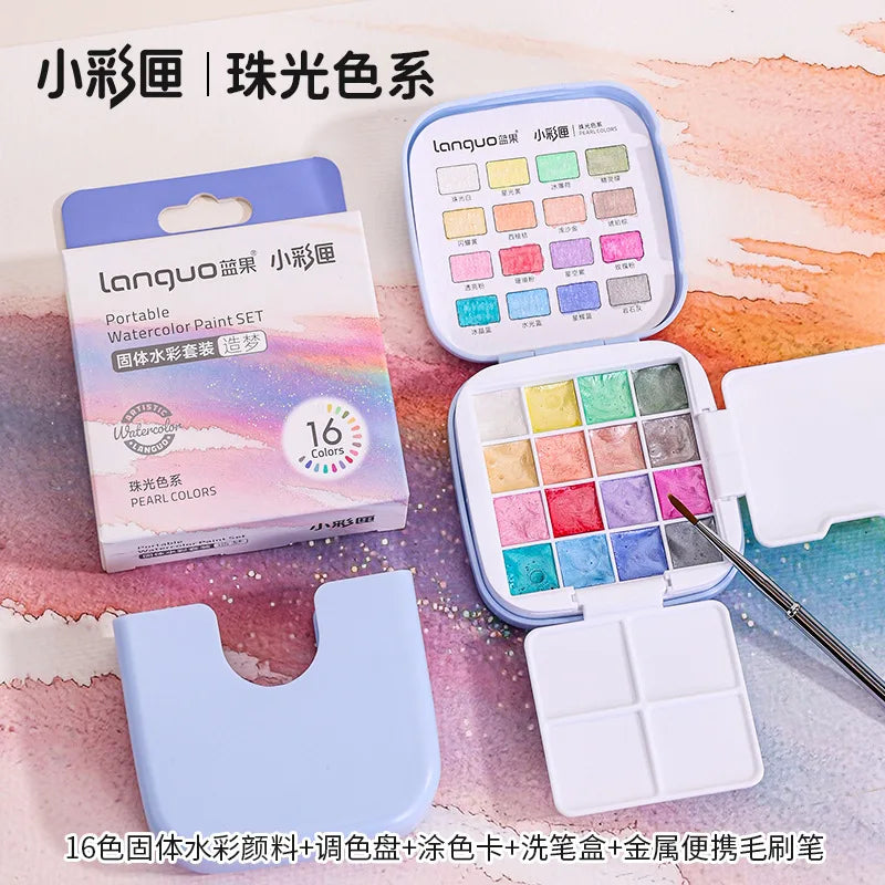 Travel Sketching Painting Kit Tool Watercolor Pigments Art Suppies 16Colors Mini Portable Solid Watercolor Paint Set with Brush Oasis Select Color4