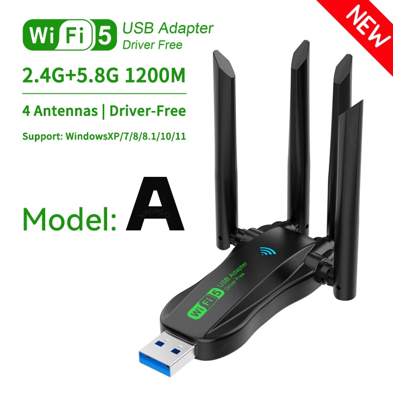 VAORLO 1200Mbps WiFi USB Adapter WiFi5 Dual Band 2.4G+5.8Ghz 4 Antenna Dongle USB3.0 High-Speed Wireless Card Receiver PC/Laptop Oasis Select Model A New