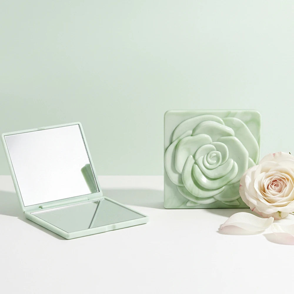 7cm Square Rose Mirror with Storage Bag Lady Portable Handheld Folding Mirror Dressing Table Makeup Accessories Oasis Select Light Green