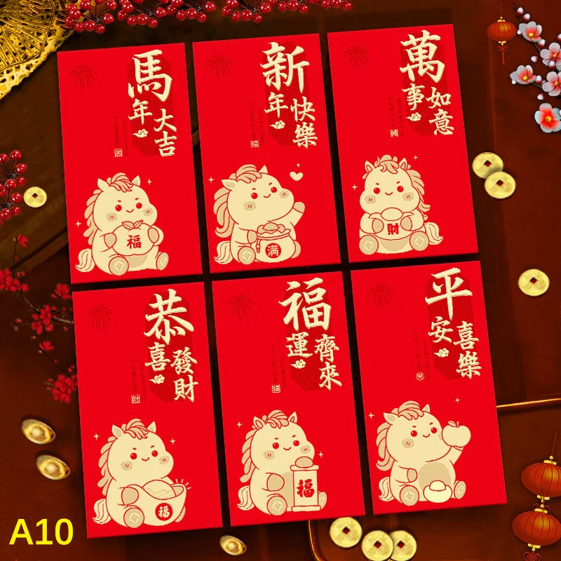 6Pcs/set Chinese New Year Money Envelope Horse Year Red Envelope Red Pocket Spring Festival Envelope Oasis Select A10