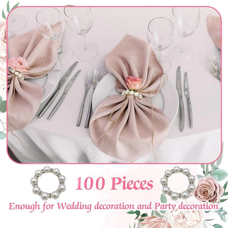 100Pcs Pearl Napkin Rings Napkin Ring Holder Imitation Beaded Napkin Rings Elegant Rhinestone Serviette Rings Buckle Oasis Select