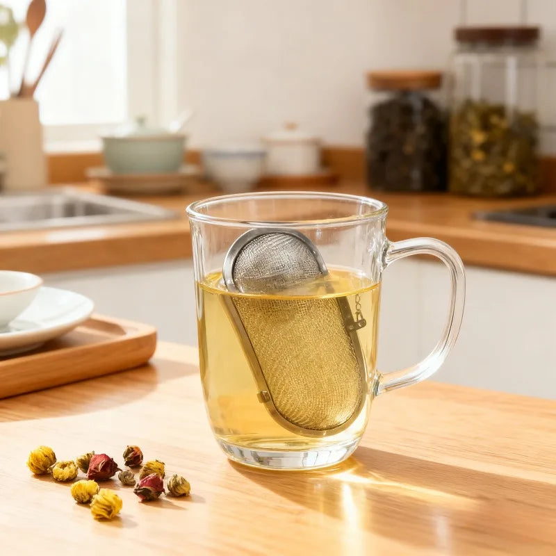 1PC Multipurpose Mesh Strainer for Tea Spices and Soups Easy To Use with Chain for Kitchen and Daily Drinks Stainless Steel Oasis Select