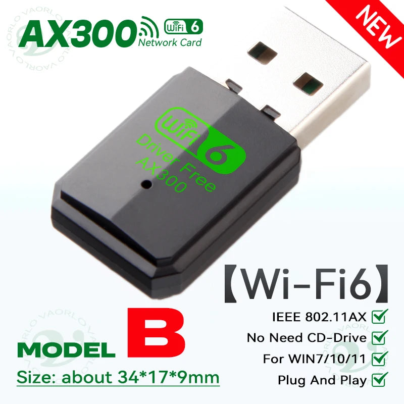 Mini USB WiFi Wireless Adapter WIFI6 AX300 802.11AX Network Card 2.4GHz Dongle Receiver 286M For PC/Laptop Win7/10/11 Drive Free Oasis Select New Model B