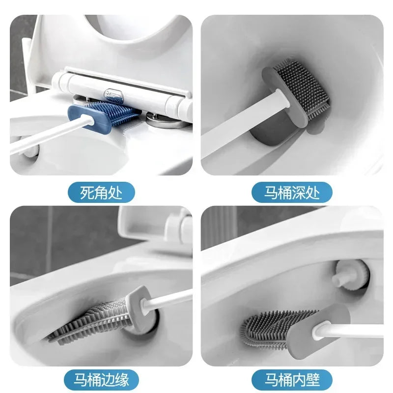 Silicone Toilet Brush Cleaning Brush Flat Head Flexible Wall Mounted Toilet Bowl Cleaner Brush Holder Set for WC Bathroom Oasis Select