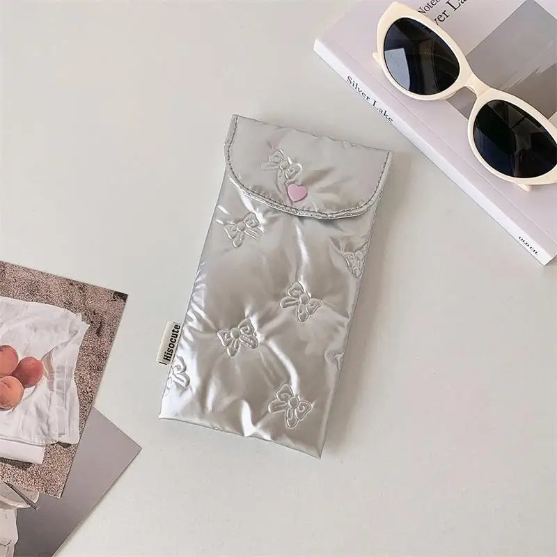 INS Style Bow Embossed Pencil Case Student Stationery Storage Bag Pencil Bag Portable Sunglasses Storage Bag Oasis Select Silver